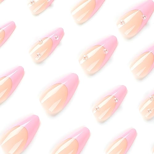 Almond Press on Nails Short White Nails Pearl Acrylic False Nails with Designs Cute Artificial Fake Nails Reusable Glue on Nails Pink Artificial Stick on Nails for Women Girls - Image 6