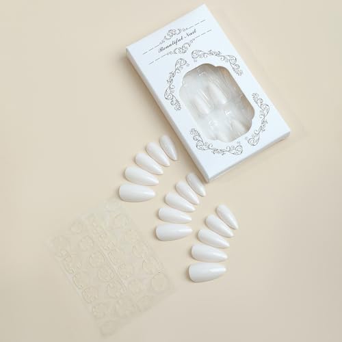 Almond Press on Nails Medium Length Fake Nails Pure White False Nails with Design Glossy Solid Color Glue on Nails Full Cover Acrylic Nails White Artificial Stick on Nails for Women Girls Manicure - Image 4