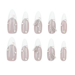 Glue Fake Press on Nails Long - French Tip Press on Nails for Women, Long Fake Nails Stick Glue on Nails Almond, Nude Classy Acrylic Artificial Nail Gift for Women/Adult Party-Splendor Butterfly(L)