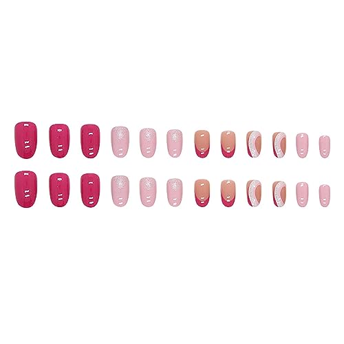 Hot Pink Press on Nails Short Round MABKJLF French Tip Fake Nails Full Cover Glitter Pink Swirl False Nails with Designs Glossy Glue on Nails Acrylic Nails Artificial Nails for Women Girls 24 Pcs - Image 5