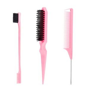 3 Pcs Slick Back Hair Brush Set with Edge Brush, Bristle Brush, Rat Tail Comb, Teasing Brush Set for Smoothing Baby Hair & Flyaways - Pink
