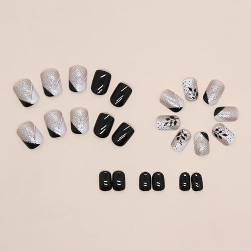 24Pcs Black Short Press on Nails Square Fake Nails Black Leaves Silver Glitter Design Glue on Nails French Color Matching Full Cover False Nails Glossy Coffin Artificial Stick on Nails for Women Girls - Image 5