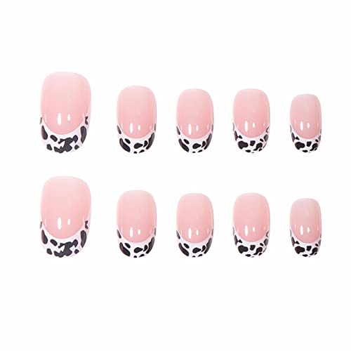 BABALAL Round Press on Nails Short Fake Nails Cow Print French Tip Glue on Nails 24Pcs Oval Acrylic Nails for Women and Girls - Image 2