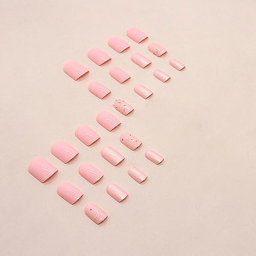 Press on Nails Short Square Fake Nails Acrylic Glue on Nails Pink False Nails with Glitter Designs Acrylic Artificial Glossy Nails Full Cover Stick on Nails for Women 24Pcs - Image 2