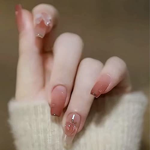 Press Bow Knot Press on Nails Medium Peach Fake Nails Medium Glossy Stick on Nails Natural Full Cover Photochromism False Nails Acrylic Glue on Nails Tips for Women(Pink Bow knot Peach) - Image 2