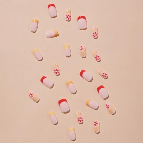 Spring Press on Nails Flower Fake Nails, Short Square Glue on Acrylic Nails Glossy Yellow Red False Nails with Daisy Flowers Designs, Cute Stick on Nails for Women&Girls Nail Decorations 24PCS - Image 2