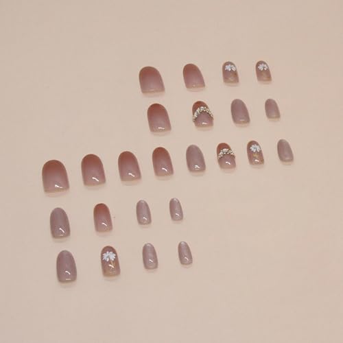 SHANRUN 24 Pcs Short Almond Oval Spring Rhinestone Cat Eye Flowers Glossy Gel-X Fake Nails Kit - Image 3