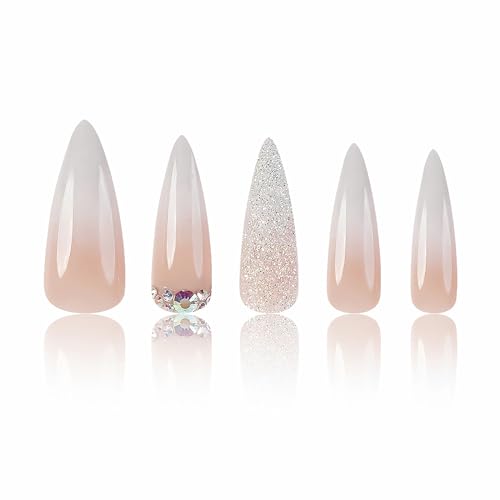 MISUD Press on Nails Long Stiletto Fake Nails Glossy Glue on Nails Sharp Almond Acrylic Nails Natural Ombre Artificial Nails Bling Glitter Stick on False Nails with Rhinestone Design 24 pcs - Image 2