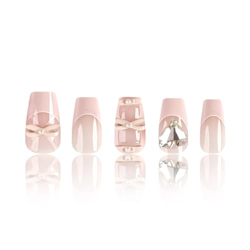 24Pcs Pink French Tip Press on Nails Short Fake Nails Ballet Shoes Design Bow Glue on Nails with Heart Nail Rhinestones Acrylic False Nails Cute Pink Square Artificial Nails for Women Valentines Nails - Image 5