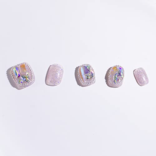 Light Rain Cute Press on Nails - Sugar, 3D Handmade with Pink Rhinestones Reusable Gel UV Finished False nails, Hand-Painted Fake Nails with Design by Professional Manicurist, Short Square, Small Size - Image 2