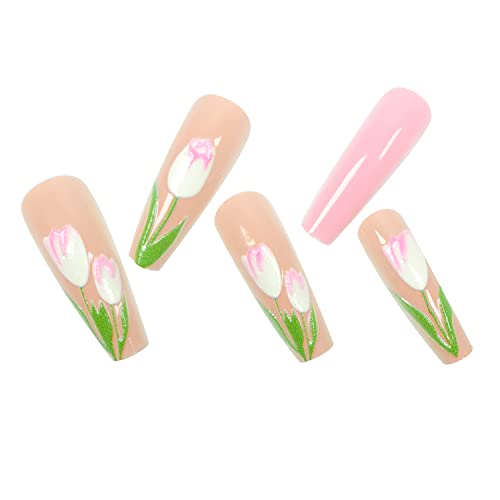 24 Piece Glossy Pink Long Coffin Acrylic Press On Nails with 3D Flowers