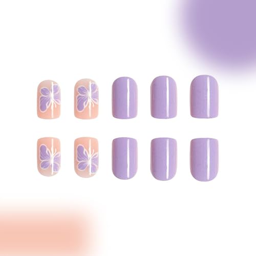 24 Pcs Short Square Press-On Nails Glossy Purple Spring Butterfly Design Full Cover Acrylics - Image 4