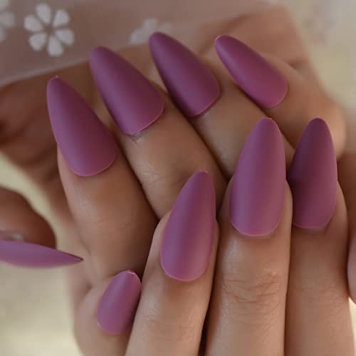 Almond Shape Purple Color Soild Color Violet Sample Designed Medium Press On Nails Full Cover Nail Tips Acrylic Manicure Salons At Home Cool Travel Outdoor For Womens Girls Teens With Tabs - Image 2