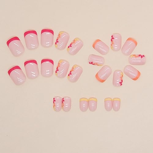 Press on Nails Short Square Fake Nails with Floral Designs Summer Stick on Nails Flower Glue on Nails Glossy False Nails for Women DIY Manicure 24pcs Artificial Nails - Image 2