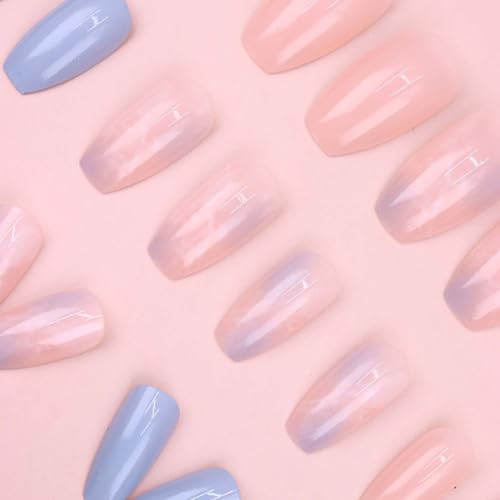 Medium Blue Pink Gradient Marble Acrylic Press on Nails 24pc Set - Image 2