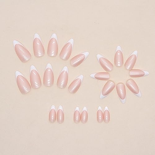 French Tip Almond Press on Nails Medium Fake Nails with Chrome Designs Stick on Nails Glossy Nude False Nails Mirror Glue on Acrylic Nails for Women Girls Summer Holiday DIY Manicure24PCS - Image 4