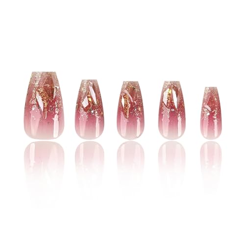 Blush Press on Nails with Charms Red Gradient Fake Nails Medium Length Coffin Nails with Designs Shiny False Nails Square Shape Full Cover Acrylic Nails for Women Girls Manicure Nail Decoration - Image 6