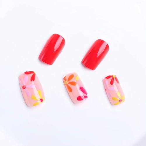 Flower Press on Nails Short Square Spring Summer Fake Nails, Colorful Daisy Acrylic Nails Kits, Red Nude Glossy Gel False Nails Stick Glue on Nails Tip Manicure 24Pcs - Image 2