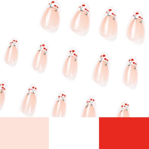 White French Tip Press on Nails Medium Almond - WLGDLH Fake Nails Pink False Nails Press ons Full Cover Nail Tips with Cherry Design Acrylic Nail Kit Stick on Nails for Women 24 Pcs - Image 8