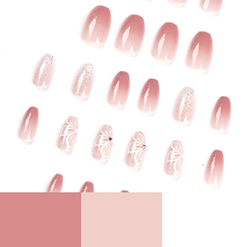 Pink Gradient Press on Nails Short, White Flowers Fake Nails Coffin, Petal Butterfly Acrylic False Nail Kits with Rhinestone Stick Glue on Nails Sets for Women Reusable Full Cover Gel Nails 24Pcs - Image 2