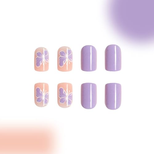 24 Pcs Short Square Press-On Nails Glossy Purple Spring Butterfly Design Full Cover Acrylics - Image 5