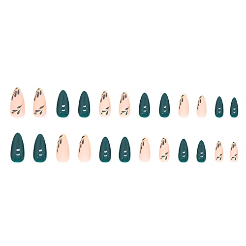 Press on Nails Almond Fake Nails with Stick on Nails Full Cover Dark Green Leaf Design Medium False Nails Summer Artificial Acrylic Nails for Women Girls Press on Nail Kit 24Pcs - Image 5