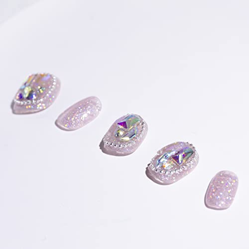 Light Rain Cute Press on Nails - Sugar, 3D Handmade with Pink Rhinestones Reusable Gel UV Finished False nails, Hand-Painted Fake Nails with Design by Professional Manicurist, Short Square, Small Size - Image 3