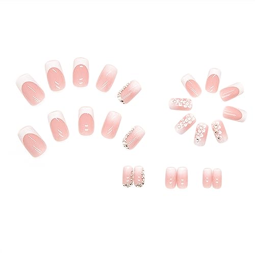 Glossy Medium Square Pink Gradient Press-On Nails with Flower Rhinestones Full Cover - Image 4