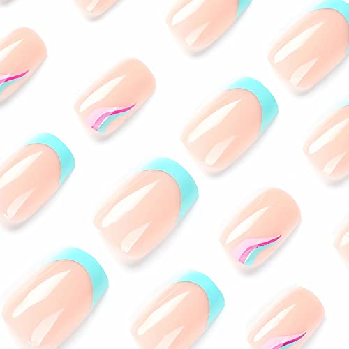 BABALAL Square Press on Nails Medium Blue French Tip Glue on Nails Purple Swirl Acrylic Nails 24Pcs Squoval Nails for Women and Girls - Image 3
