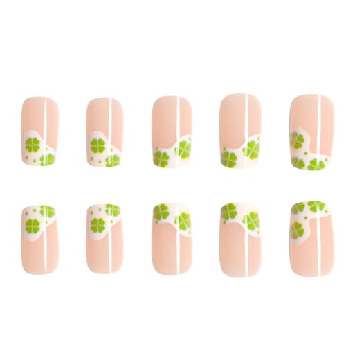 24 Piece St. Patrick's Day Nude Glossy French Tip Short Square Press On Nails with Shamrock Designs for Women. - Image 4