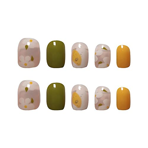 24 Piece Short Yellow Green Summer Flower Press On Nails Acrylic Manicure Kit for Women Girls - Image 4