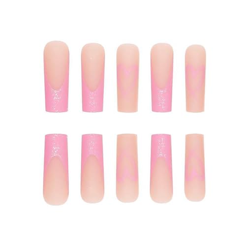 Pink Press on Nails Long Coffin French Nails press ons Valentines Fake Nails Pink Glitter False Nails Designs Pink Heart Valentines Day Nails Full Cover Acrylic Nails Stick on Nails Girls for Women - Image 3