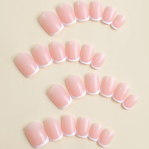 Press on Nails Short White French Tip Press on Nails Square Shape Fake Nails Glossy Pink Glue on Nails with White Tips Designs Cute Square French Stick on Nails Short for Women, 24Pcs - Image 2