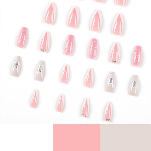 Valentines Press on Nails Medium Silver Glitter Heart Coffin Fake Nails White French Tip Pink Sequins Acrylic Nails Press ons Cute Valentine's Day Stick Glue on Nails for Women Girls 24 Pcs - Image 4