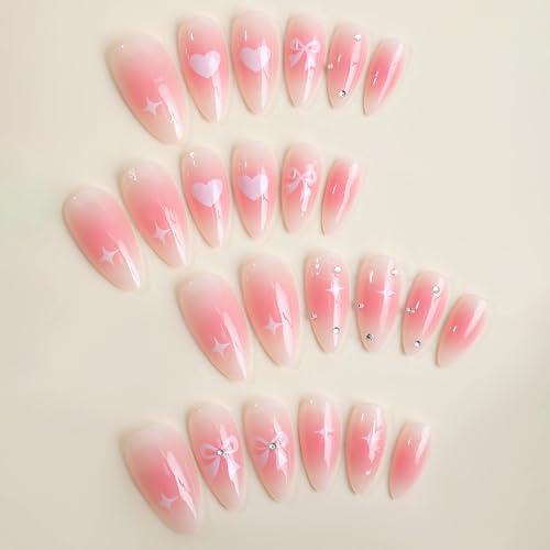 BABALAL Pink Press on Nails Medium Almond Fake Nails Heart Glue on Nails Bow Acrylic Nails Shiny Rhinestone Stiletto 24Pcs Glossy Manicure False Nails - Image 3