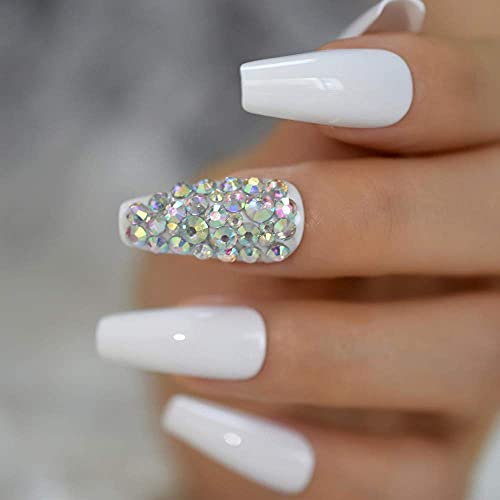 Long Glossy White AB Rhinestones Diamond Dรฉcor Tips Shiny Ballerina Fake Art Nails Coffin Salon False Nails - Image 3
