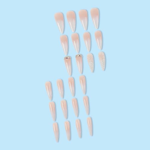 MISUD Press on Nails Long Stiletto Fake Nails Glossy Glue on Nails Sharp Almond Acrylic Nails Natural Ombre Artificial Nails Bling Glitter Stick on False Nails with Rhinestone Design 24 pcs - Image 4
