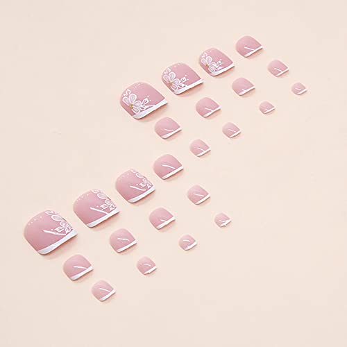White French Tip Press on Toenails,Short Square Fake Toe Nails Spring Summer Flower False Toe Nails Full Cover Glue on Toenails Glossy Acrylic Toenails Stick on Toenails for Women and Girls 24Pcs - Image 4