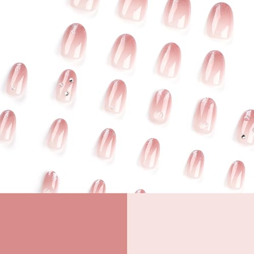 24 Pcs Brown Ombre Press on Nails Short Almond Oval - SHANRUN Rhinestones Glitter French Fake Nails Gel-X Nail Tips Full Cover Acrylic Nails Press ons with Nail File Stick Jelly Glue on Nails Kit - Image 3