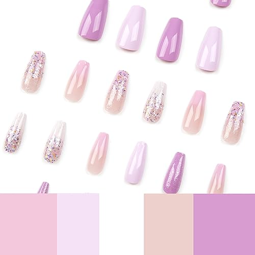 Coffin Press on Nails Light Purple Fake Nails Medium Length Fake Nails Purple Full Cover Acrylic Nails with Gradient Glitter Designs Glue on Nails Glossy Artificial Nails Stick on Nails for Women - Image 5