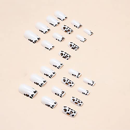 OCOUYVD 24Pcs Leopard Press on Nails Short French Tip Fake Nails Square Acrylic Nails Silvery White Stick on Nails with Designs Glossy French Glue on Nails for Women and Girls Nail Decorations - Image 3