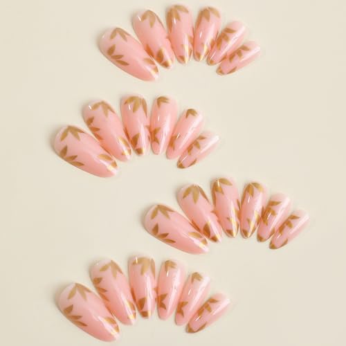 24-Piece Medium Almond Nude Pink Glossy Full Cover Press On Nails Gold Leaf Kit - Image 2