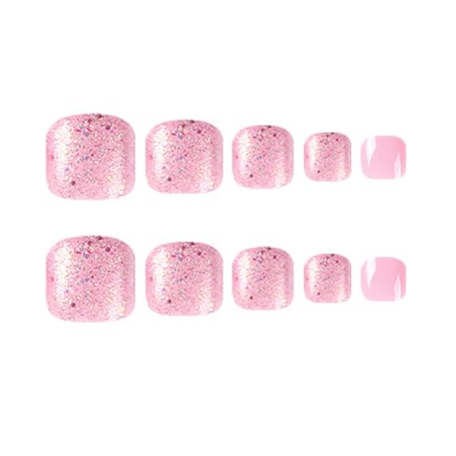 Pink Glitter Press on Toenails for Women Short Square Glossy Cute Fake Toe Nails with Design Acrylic False Artificial Glue on Toenails Summer Stick on Toe Nails for Women 24Pcs in 12 Sizes - Image 3