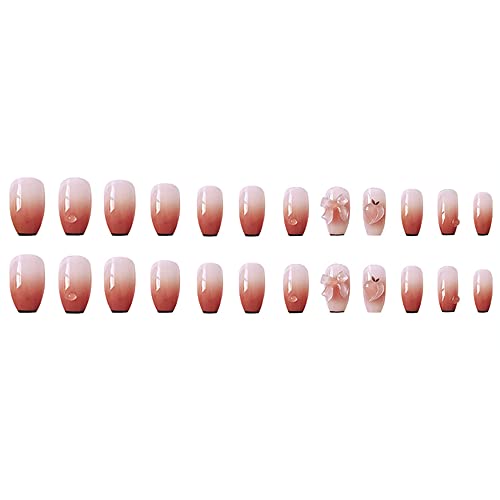 Press Bow Knot Press on Nails Medium Peach Fake Nails Medium Glossy Stick on Nails Natural Full Cover Photochromism False Nails Acrylic Glue on Nails Tips for Women(Pink Bow knot Peach) - Image 5