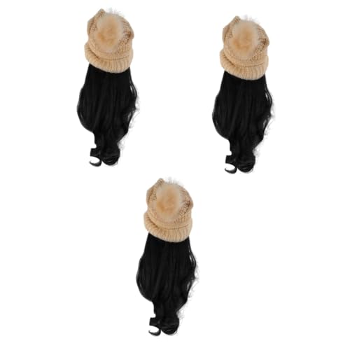 3 Sets Detachable Curly Human Hair Wigs with Winter Hat Ponytail Design