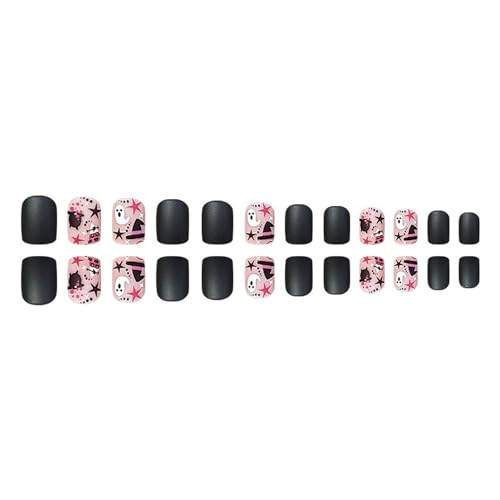 Halloween Fake Nails Short Square Press on Nails Petite Cute False Nails with Little Ghost Designs Matte Black Acrylic Nails Holiday Stick on Nails Halloween Glue on Nails for Women Girls - Image 2