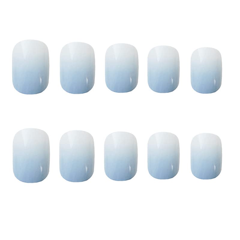 24pc Fake Nails short Press On Nails Square Shape, White Blue Gradient Glue On Artificial Nails (24pc,Milky Blue) - Image 2