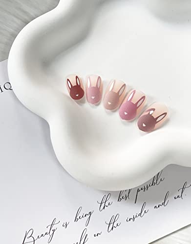 Easter Press on Nails Medium French Tip Almond Fake Nails Nude Pink Full Cover False Nails with Bunny Designs Cute Matte Acrylic Nails Artificial Nails for Girls Women 24 Pcs - Image 3