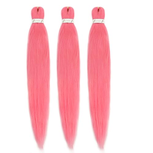 Pink Pre Stretched Braiding Hair 26 Inch 3 Packs Synthetic Crochet Braids Hair Professional Soft Yaki Texture Hot Water Setting Braiding Hair Extensions
