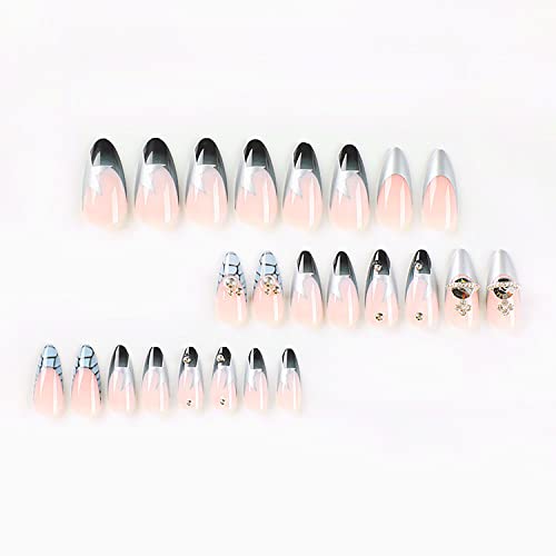 24 Pcs Y2K Press on Nails Medium Almond French Tip Fake Nails Full Cover False Nails with Stars Designs Glossy Glitter Acylic Nails with Planet Rhinestones Artificial Nails for Girls Women - Image 7